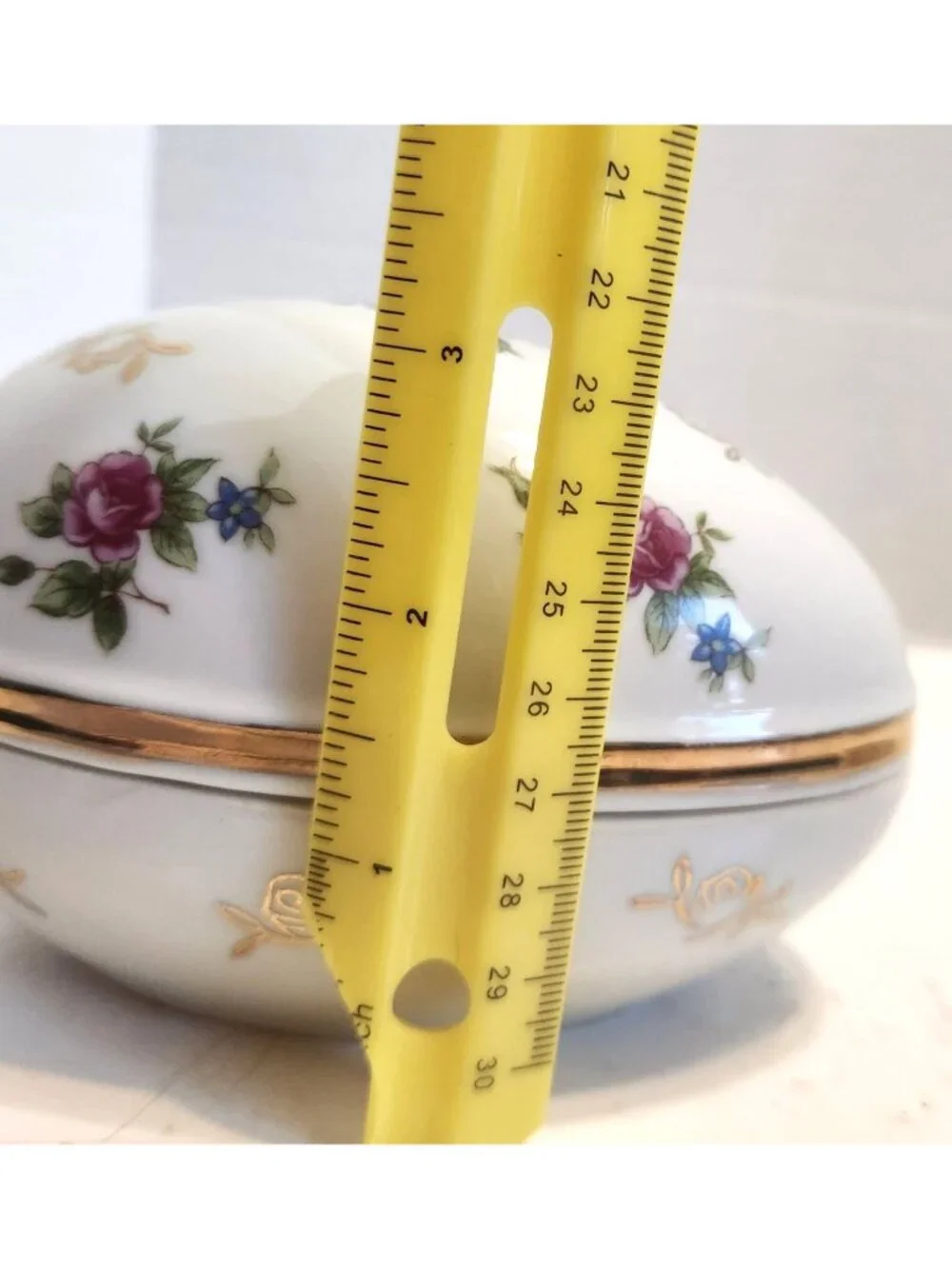 Hand-Painted Porcelain Egg-Shaped Trinket Box With Gold Accents & Floral Design
